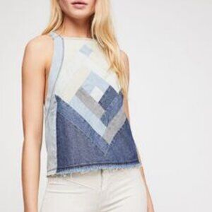Free People High Neck Denim Patchwork Sleeveless top - size M